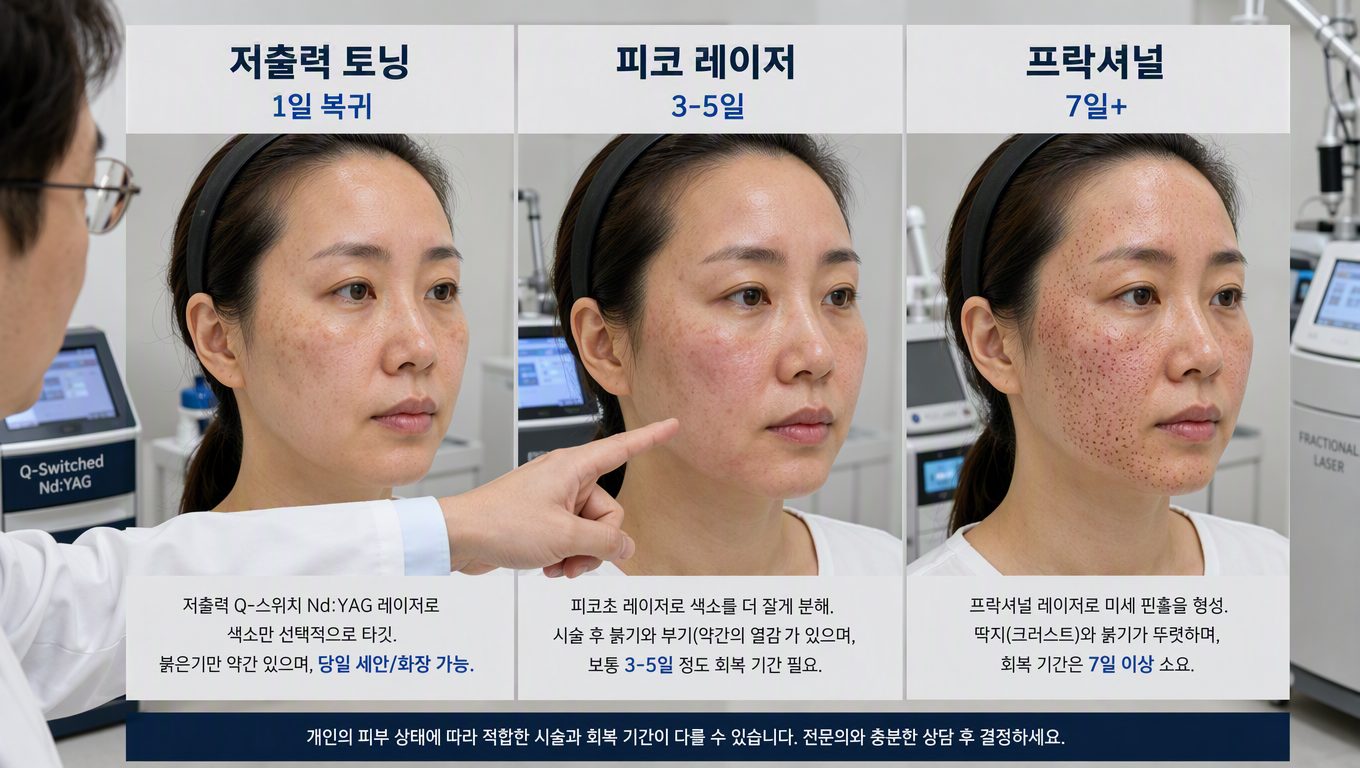 강남 기미 레이저 치료 종류별 회복 기간 비교 — 기미 치료 레이저