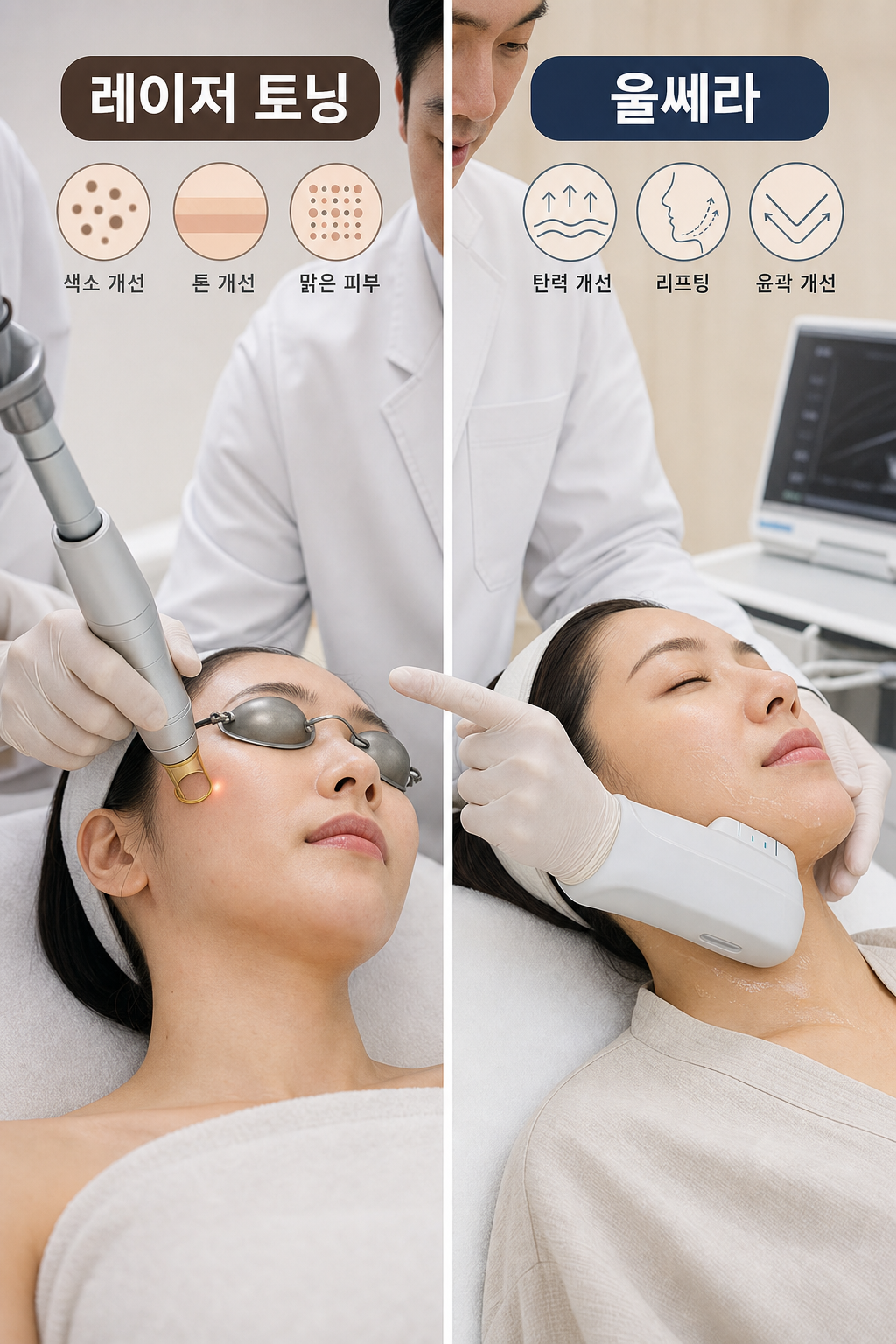 강남 레이저 토닝 울쎄라 병행 시술 효과 비교